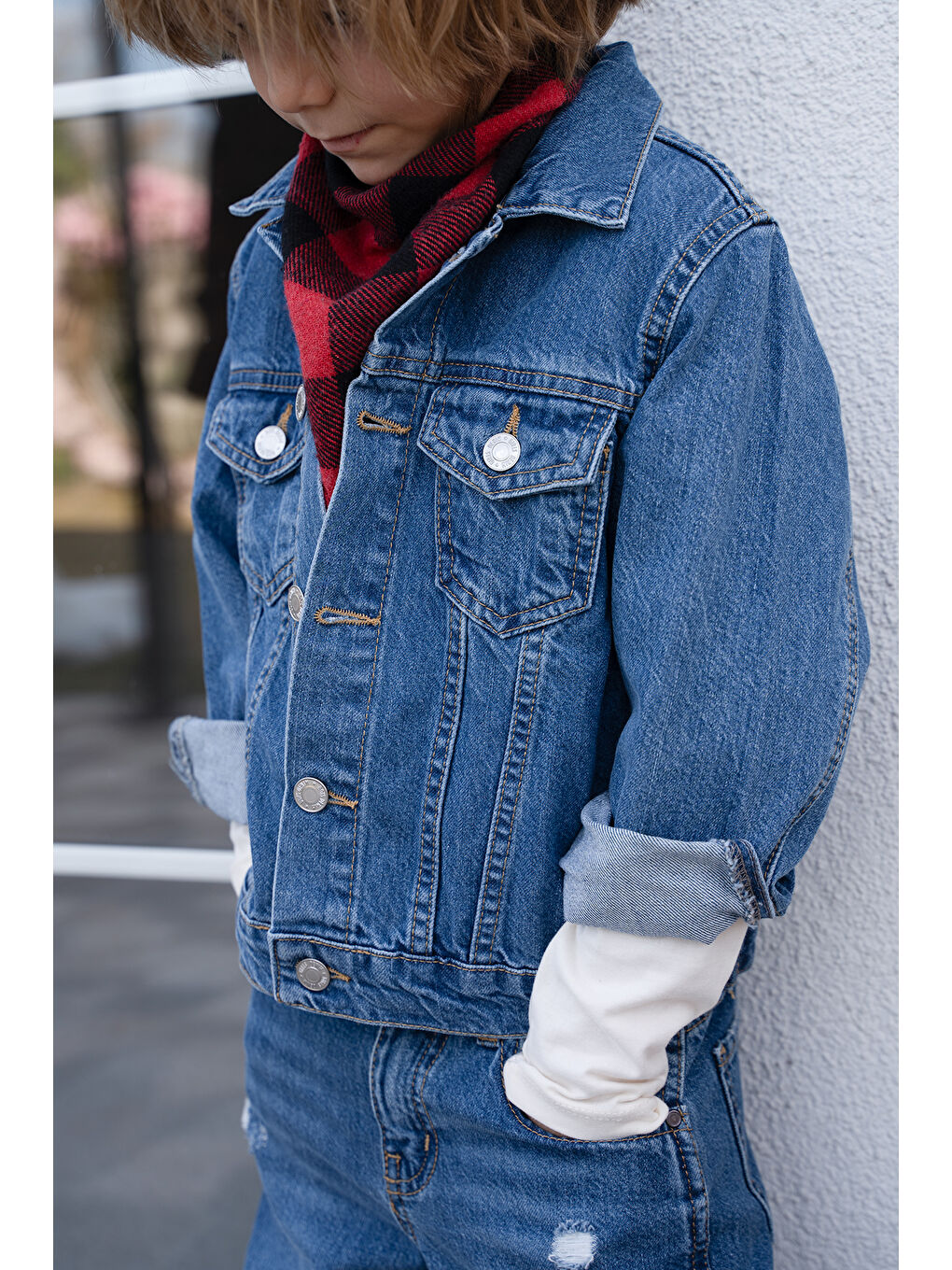 3'lü Set % 100 Pamuk Lacivert Jean Pantolon ve Ceket Takım + Fular Hediyeli-2