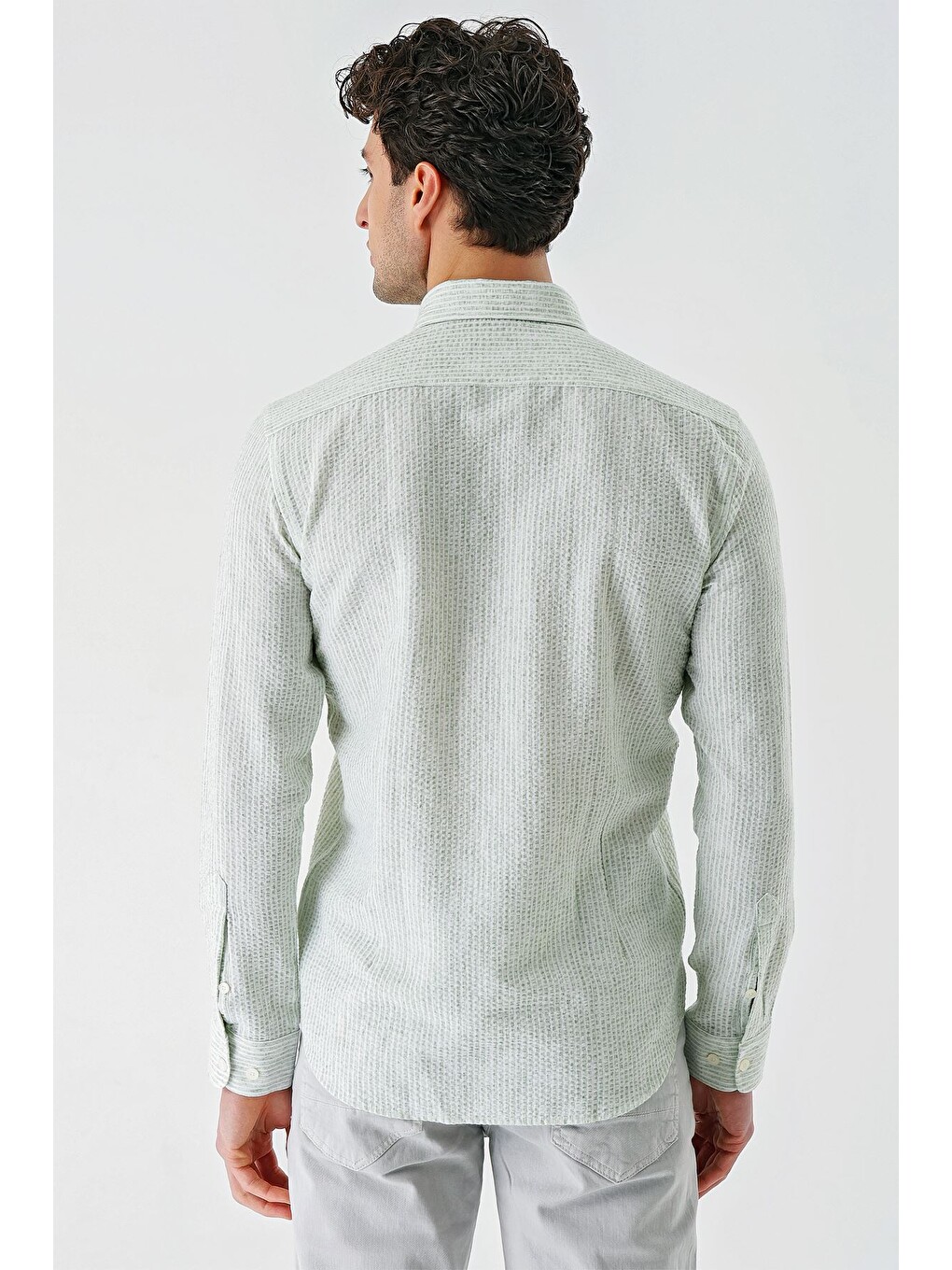 Koyu Yeşil Uzun Kollu Biritli Yaka Pamuklu Elastanlı Casual Slim Fit Gömlek 1004240233-6