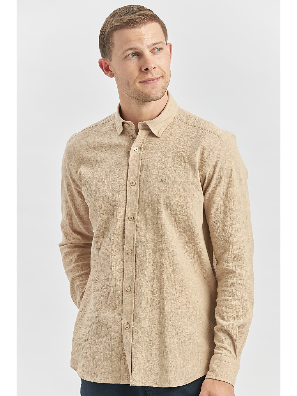 Turuncu Kayısı Uzun Kollu Gofreli Biyeli %100 Pamuk Casual Slim Fit Dar Kesim Gömlek 1004240247-1