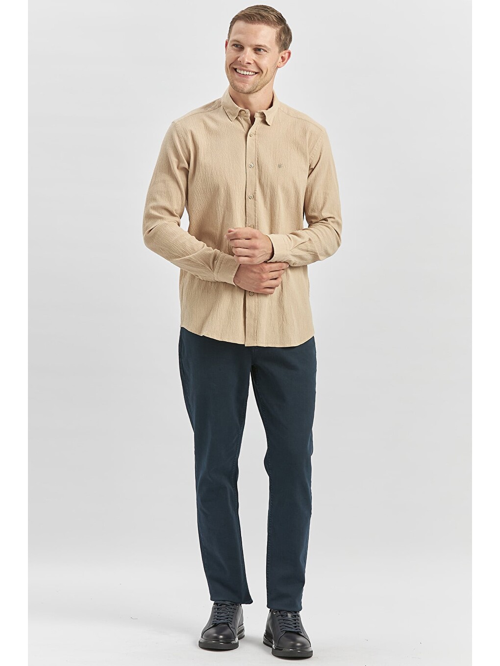 Turuncu Kayısı Uzun Kollu Gofreli Biyeli %100 Pamuk Casual Slim Fit Dar Kesim Gömlek 1004240247-2