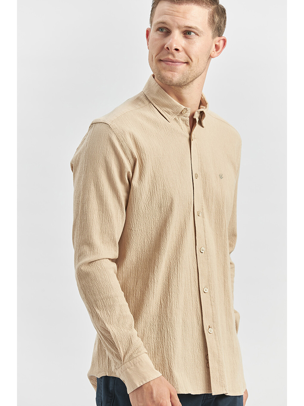 Turuncu Kayısı Uzun Kollu Gofreli Biyeli %100 Pamuk Casual Slim Fit Dar Kesim Gömlek 1004240247-3
