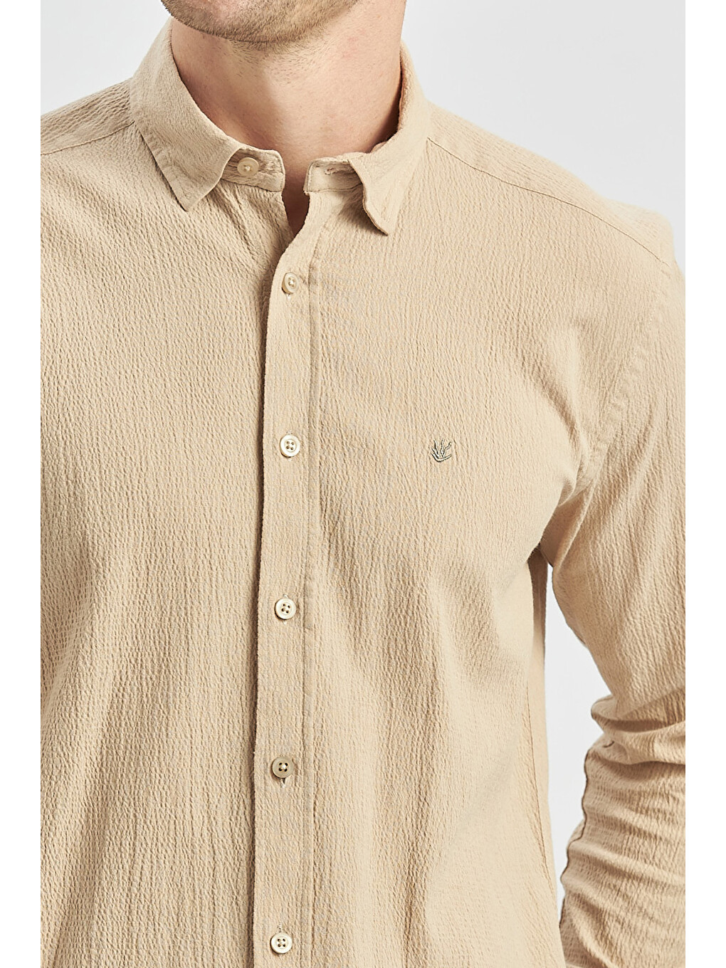Turuncu Kayısı Uzun Kollu Gofreli Biyeli %100 Pamuk Casual Slim Fit Dar Kesim Gömlek 1004240247-5