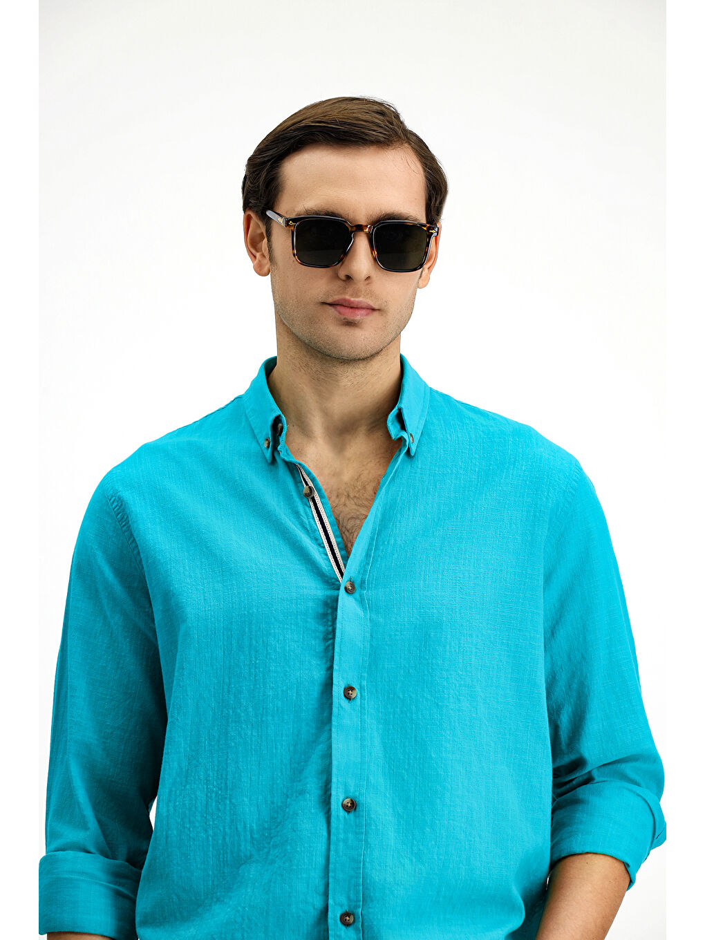 Turkuaz Uzun Kol Regular Fit Düğmeli Yaka Keten Görünümlü Spor Pamuk Gömlek-2
