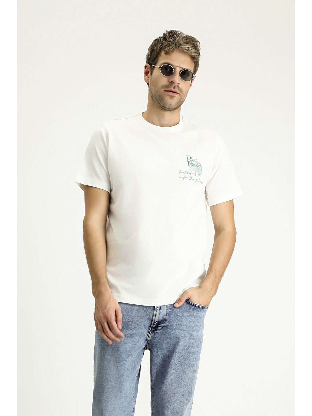 Ekru Bisiklet Yaka Regular Fit Baskılı Süprem Pamuk %100 Pamuk Tişört-2