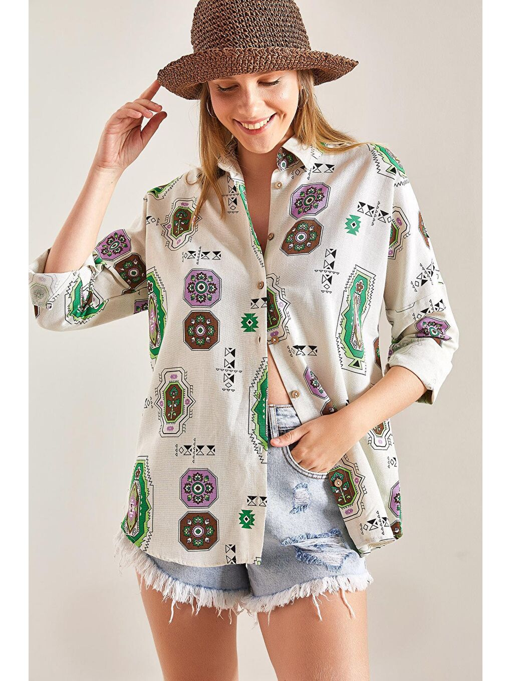 Kol Katlamalı Desenli Keten Gömlek - Yeşil