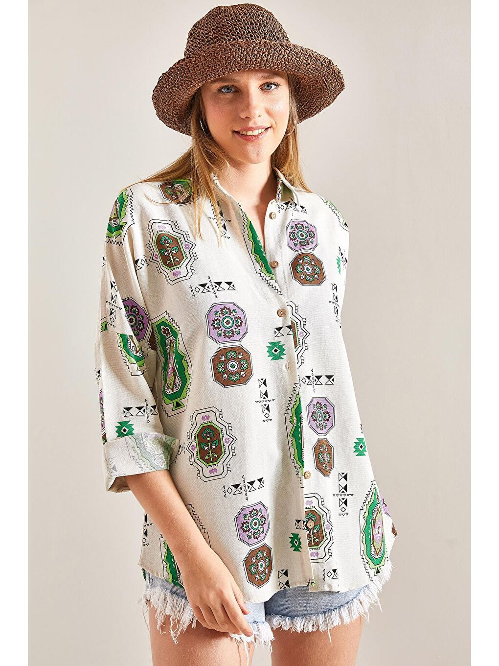 Kol Katlamalı Desenli Keten Gömlek - Yeşil-1