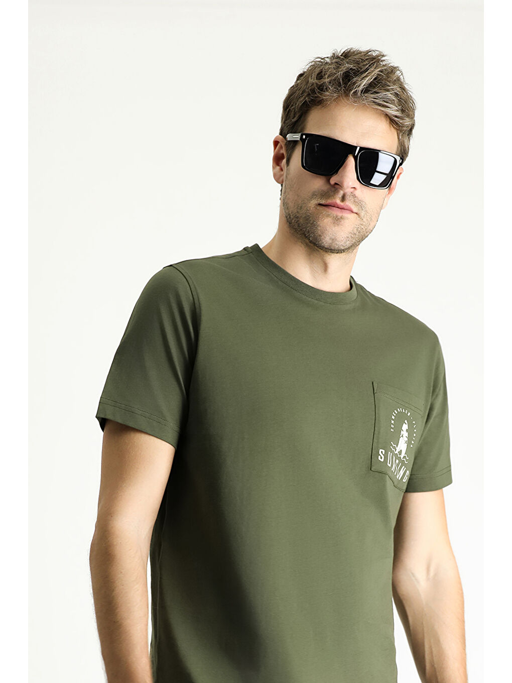 Haki Bisiklet Yaka Regular Fit Baskılı Süprem Pamuk Tişört-2