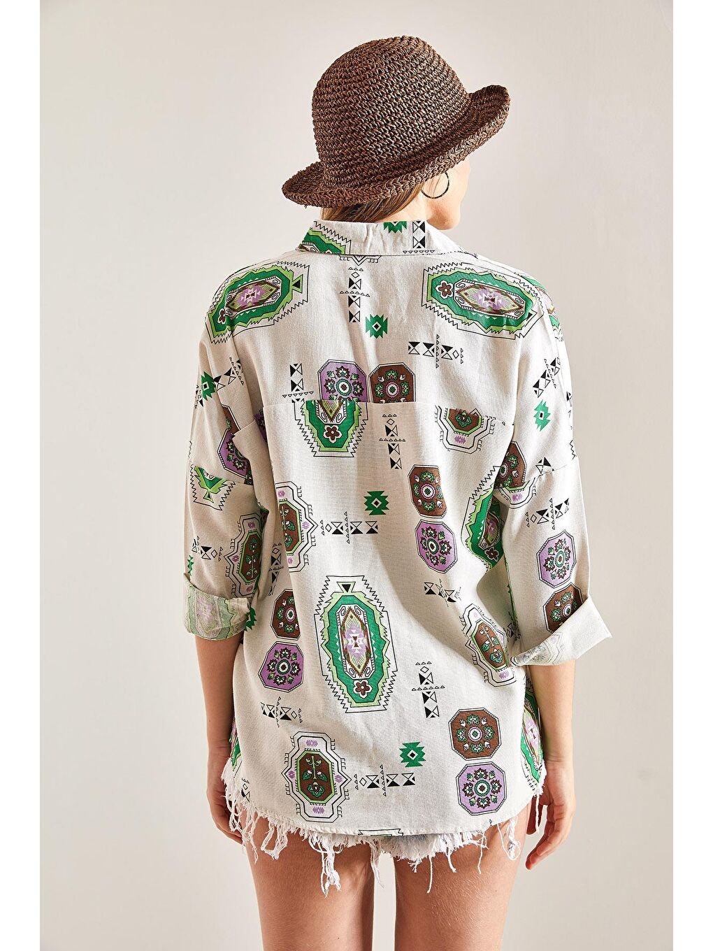 Kol Katlamalı Desenli Keten Gömlek - Yeşil-2