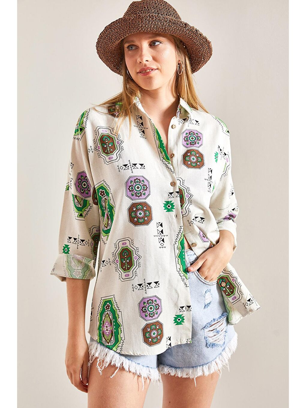 Kol Katlamalı Desenli Keten Gömlek - Yeşil-4