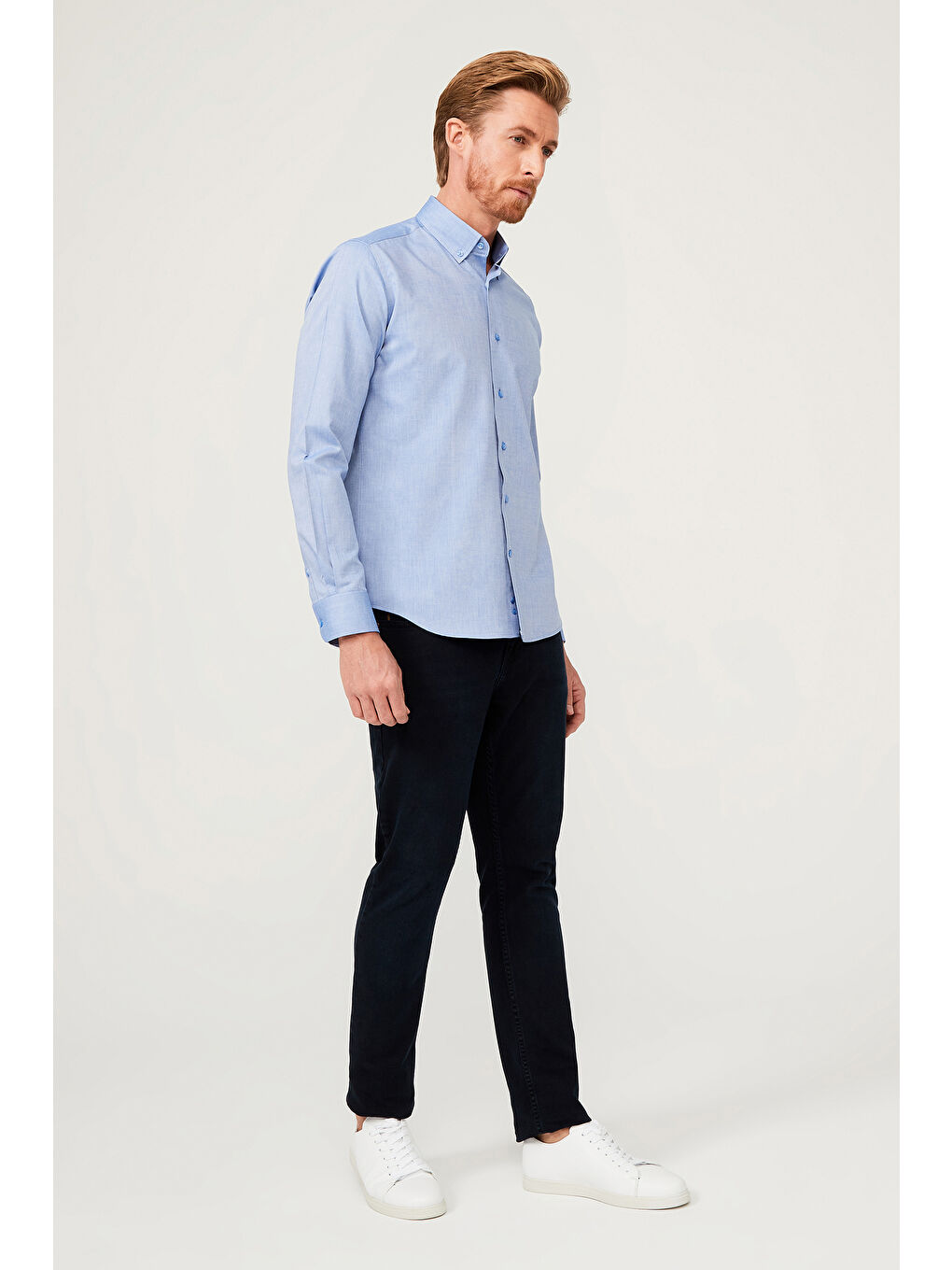 Mavi Uzun Kol Slim Fit Dar Kesim Pamuk %100 Pamuk Gömlek-4