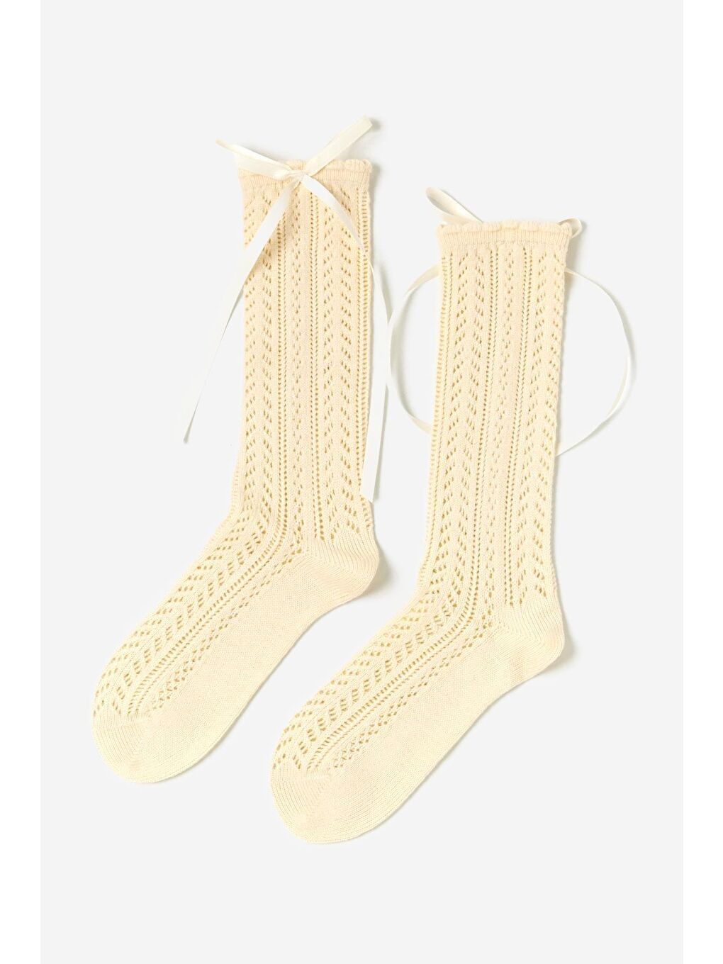 Kız Çocuk Saten Fiyonklu Triko Dizaltı Çorap Ekru