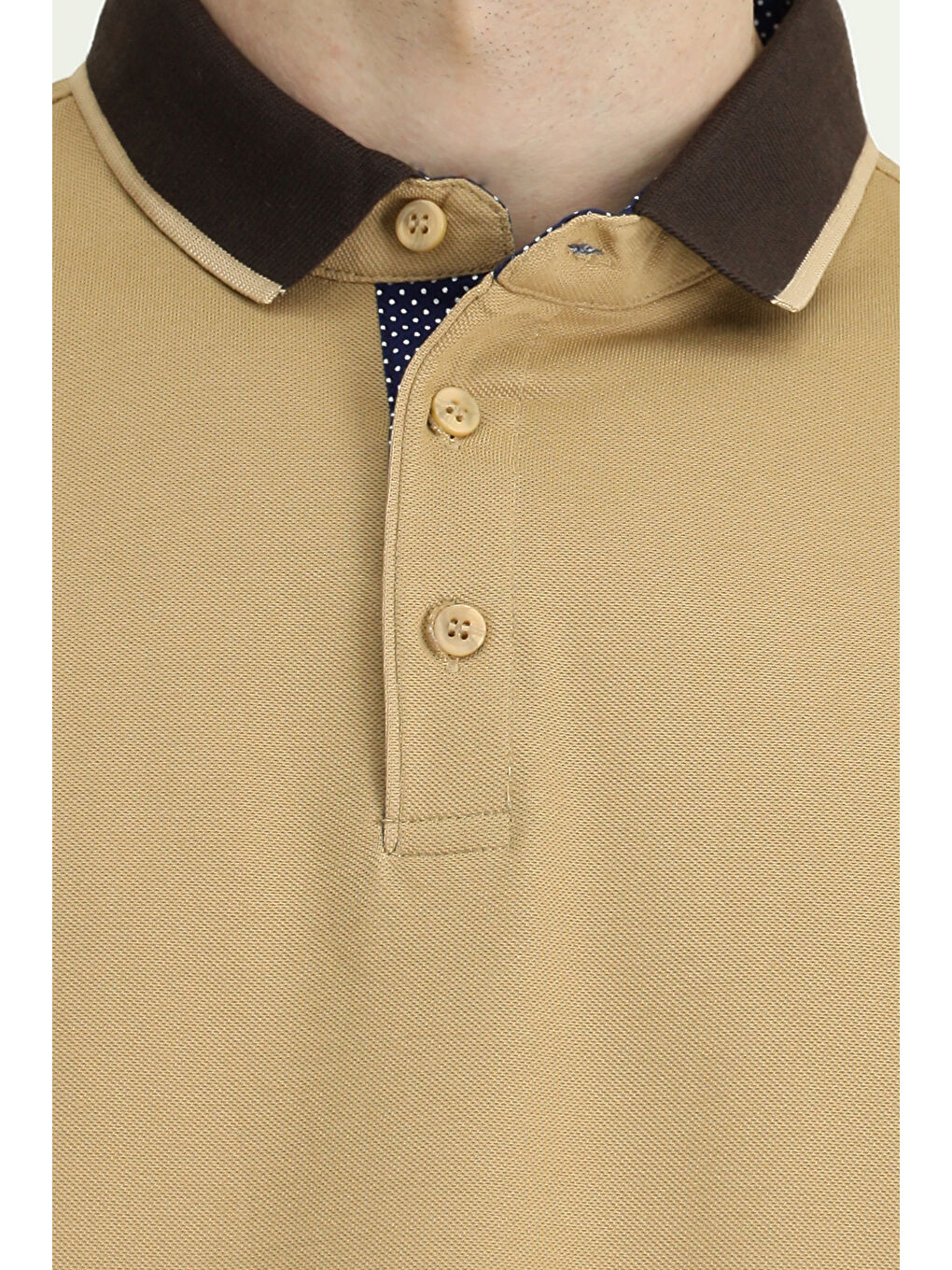 Bej Polo Yaka Regular Fit Desenli Pamuklu Tişört-6