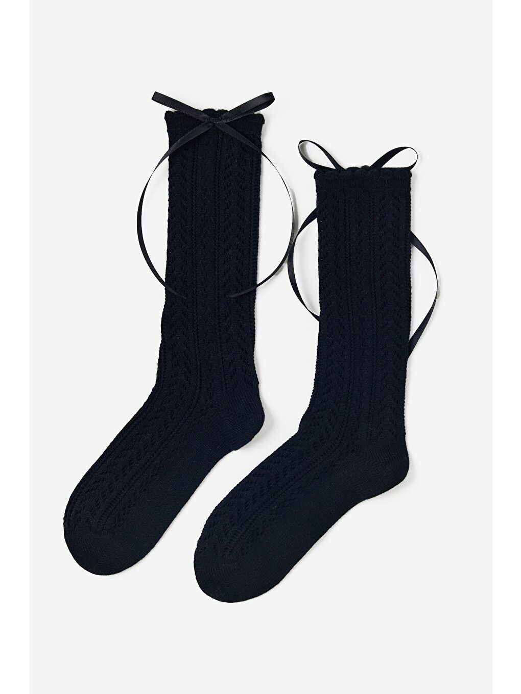 Kız Çocuk Saten Fiyonklu Triko Dizaltı Çorap Siyah