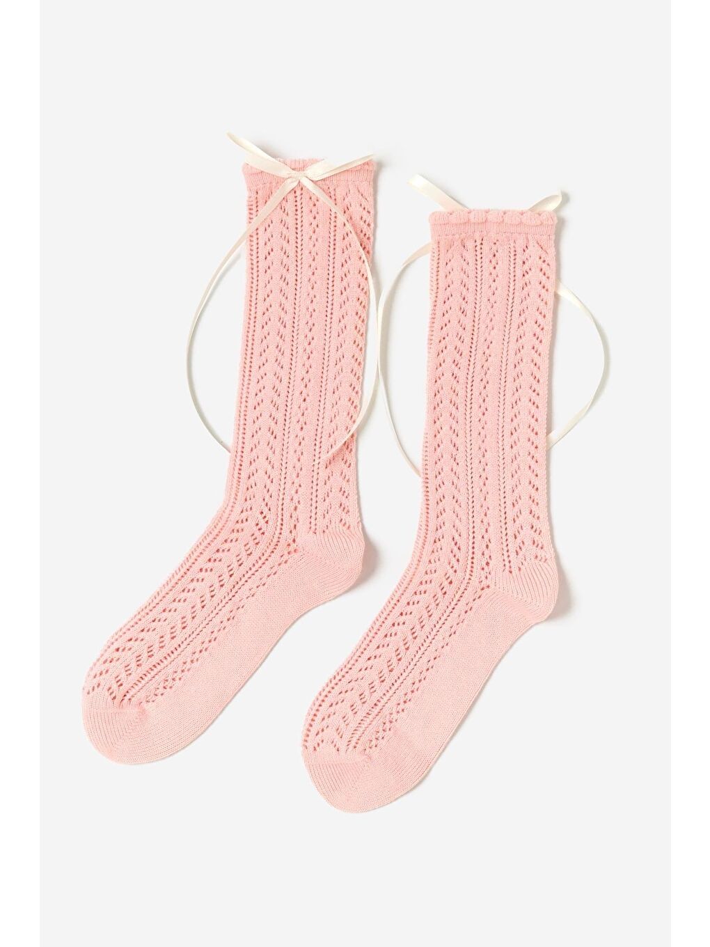 Pembe Kız Çocuk Saten Fiyonklu Triko Dizaltı Çorap