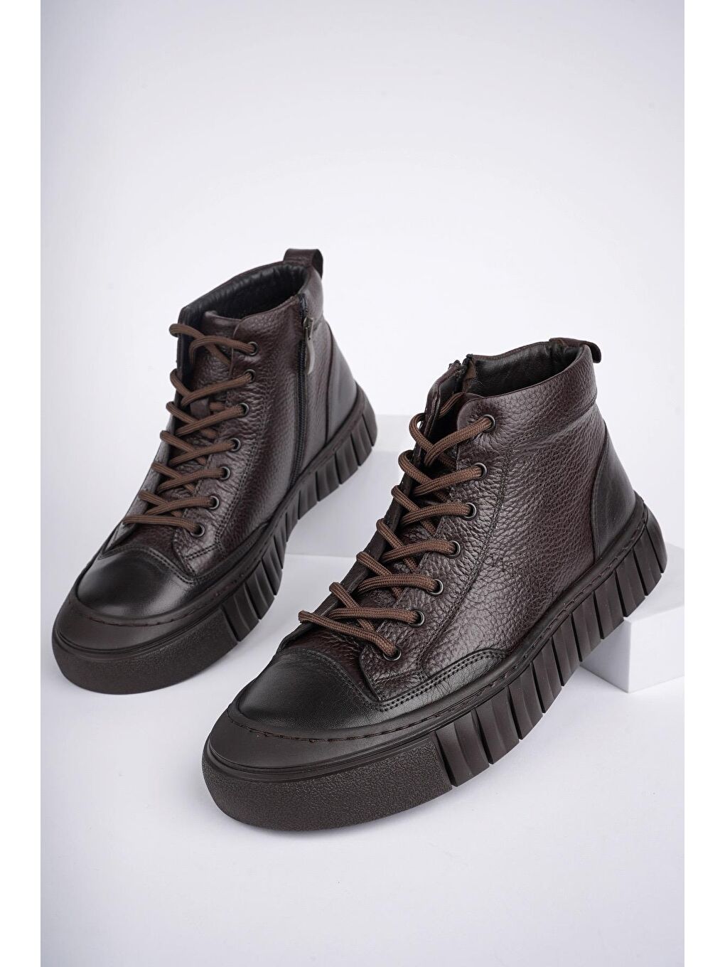 Kahverengi DİAZ Hakiki Deri Fermuarlı Bağcıklı Erkek Casual Bot