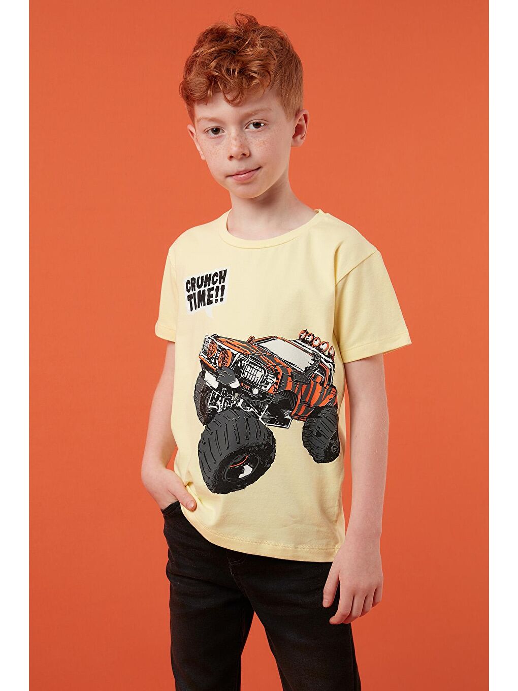 Sarı Baskılı Bisiklet Yaka Pamuklu T Shirt 6211008