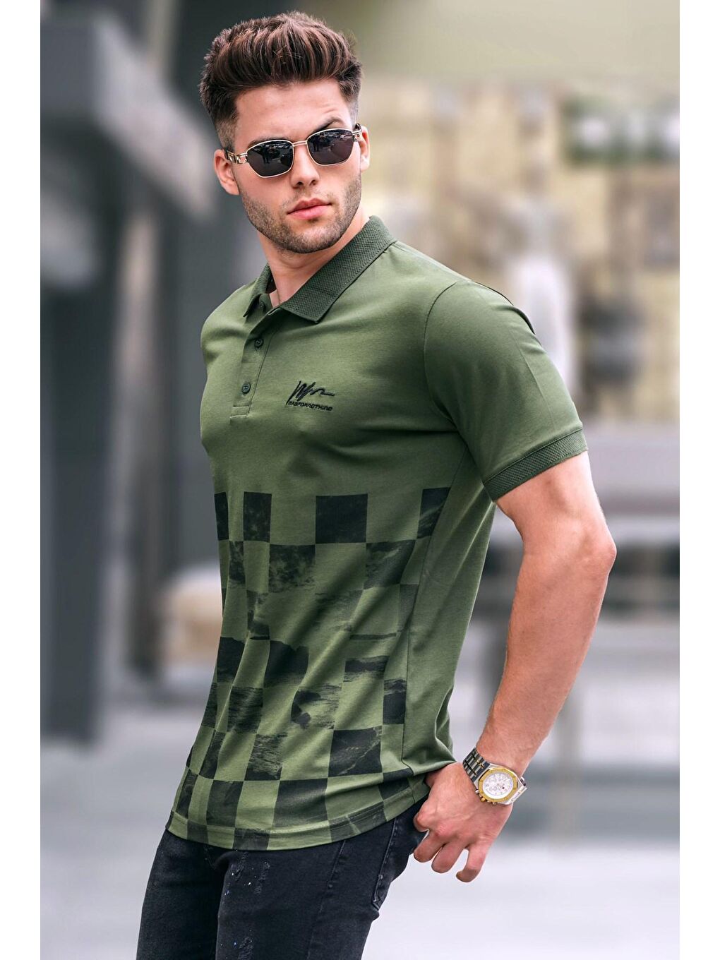 Haki Yeşili Desenli Erkek Polo Yaka Tişört 5871