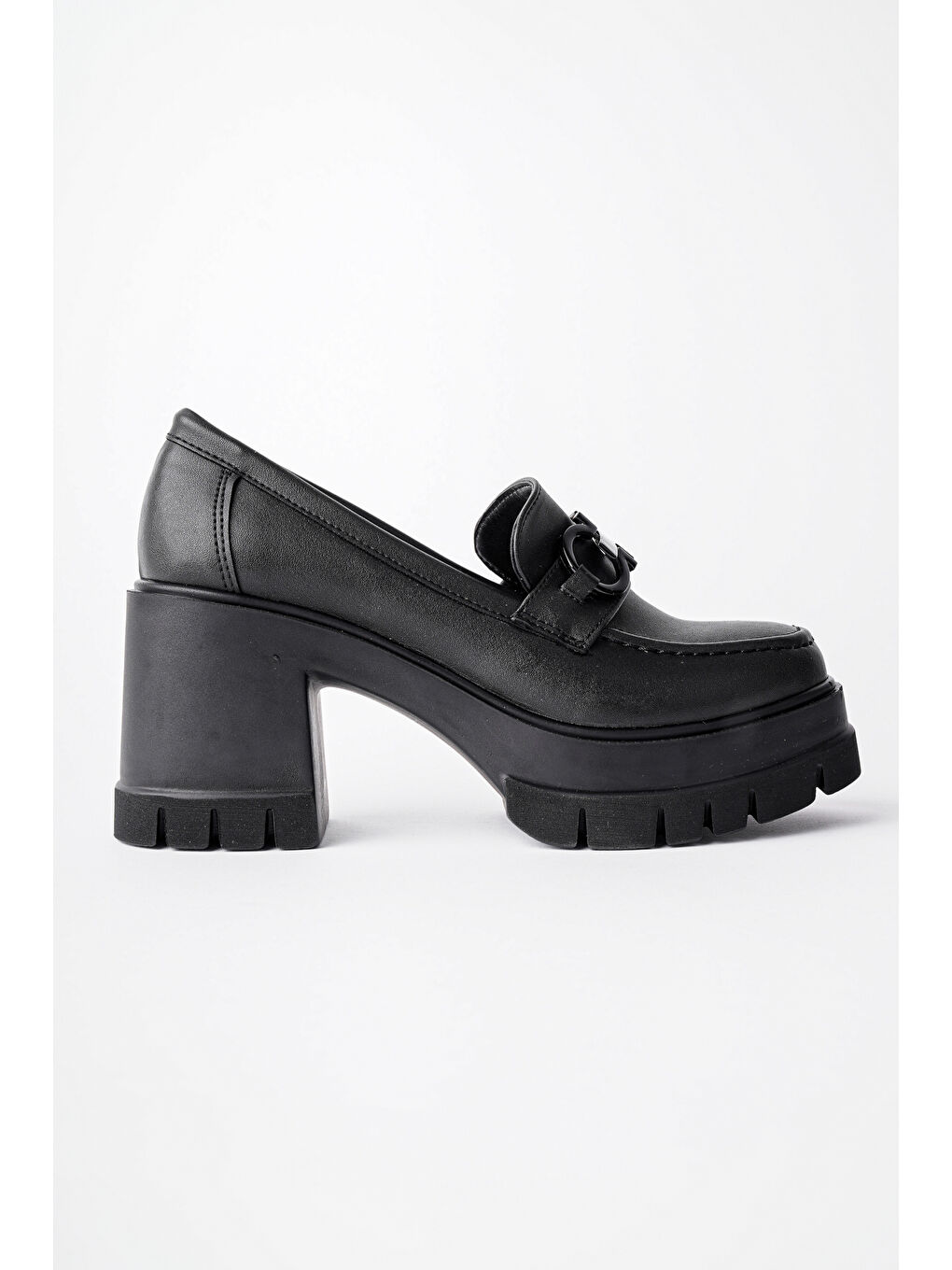 Siyah VALENCİA Kadın Kalın Topuklu Yuvarlak Burunlu Metal Tokalı Loafer Günlük Ayakkabı-4