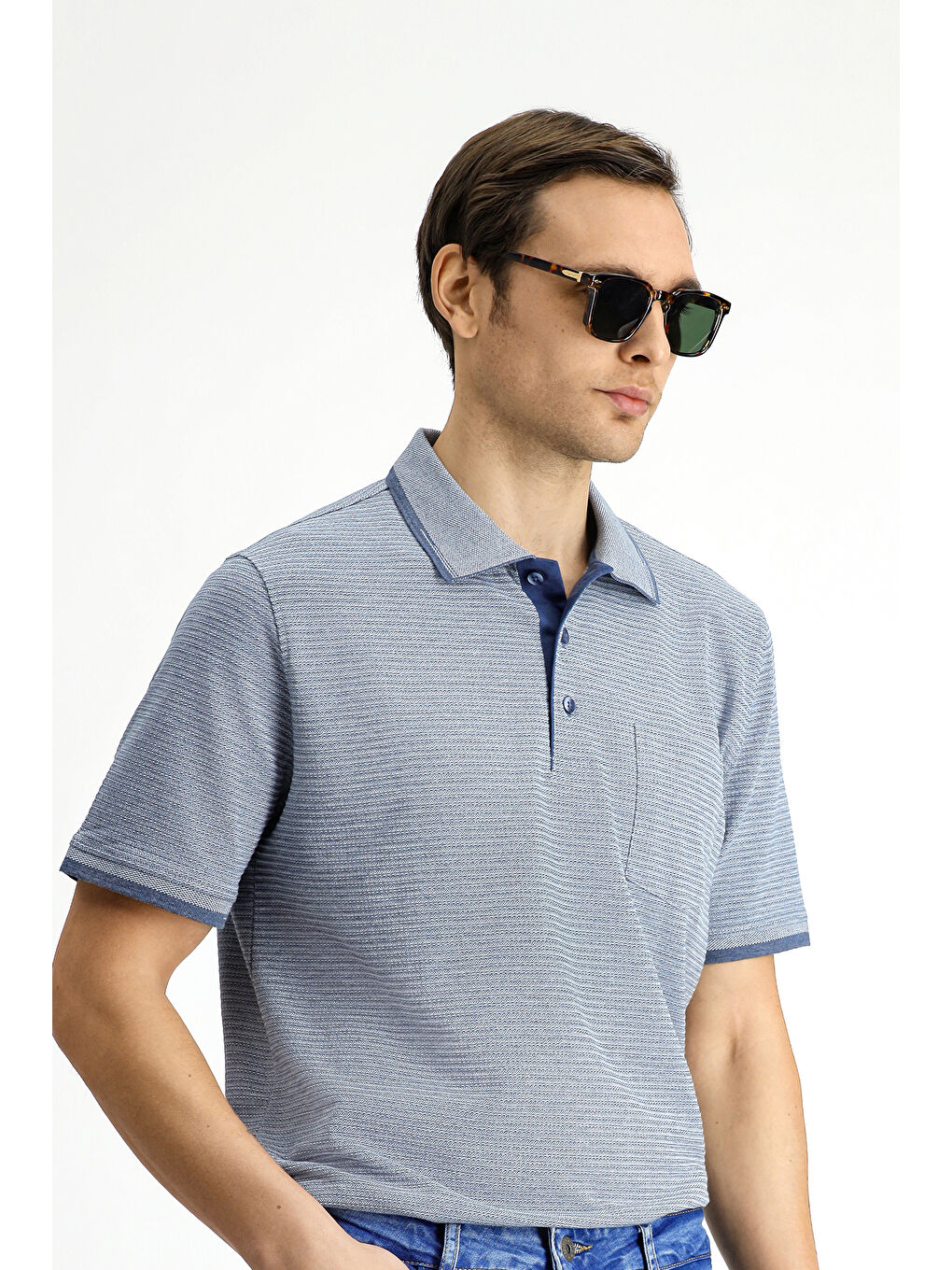 Lacivert Regular Fit Desenli Elastanlı Cepli Polo Yaka Tişört-2