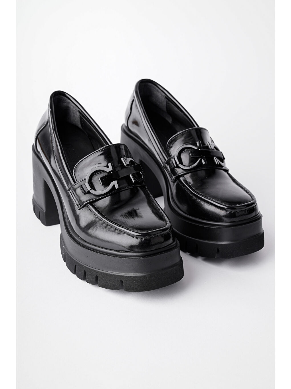 Siyah VALENCİA Kadın Kalın Topuklu Yuvarlak Burunlu Metal Tokalı Loafer Günlük Ayakkabı-3