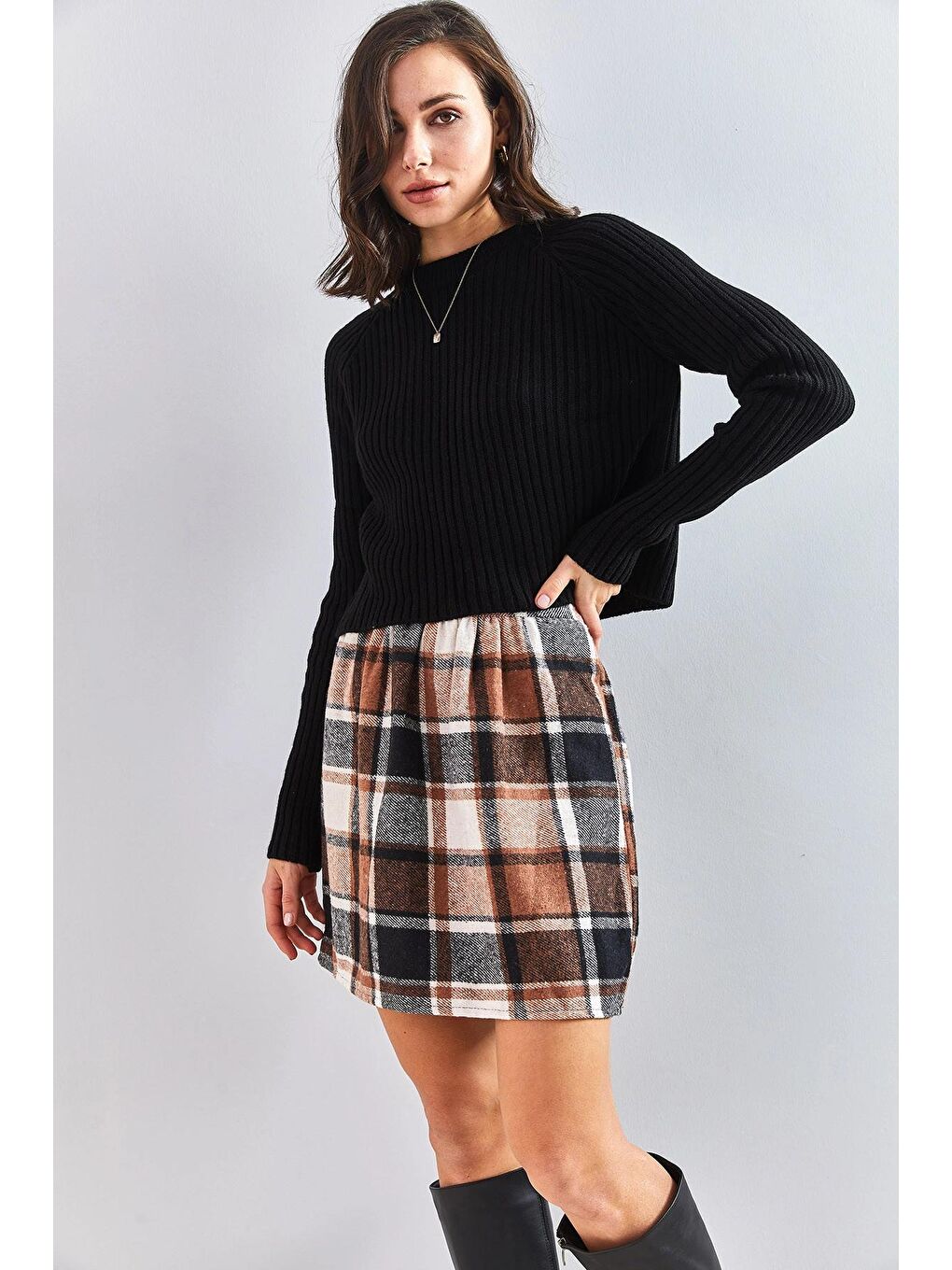 Kahverengi Kadın Beli Lastikli Ekose Desen Etek-2