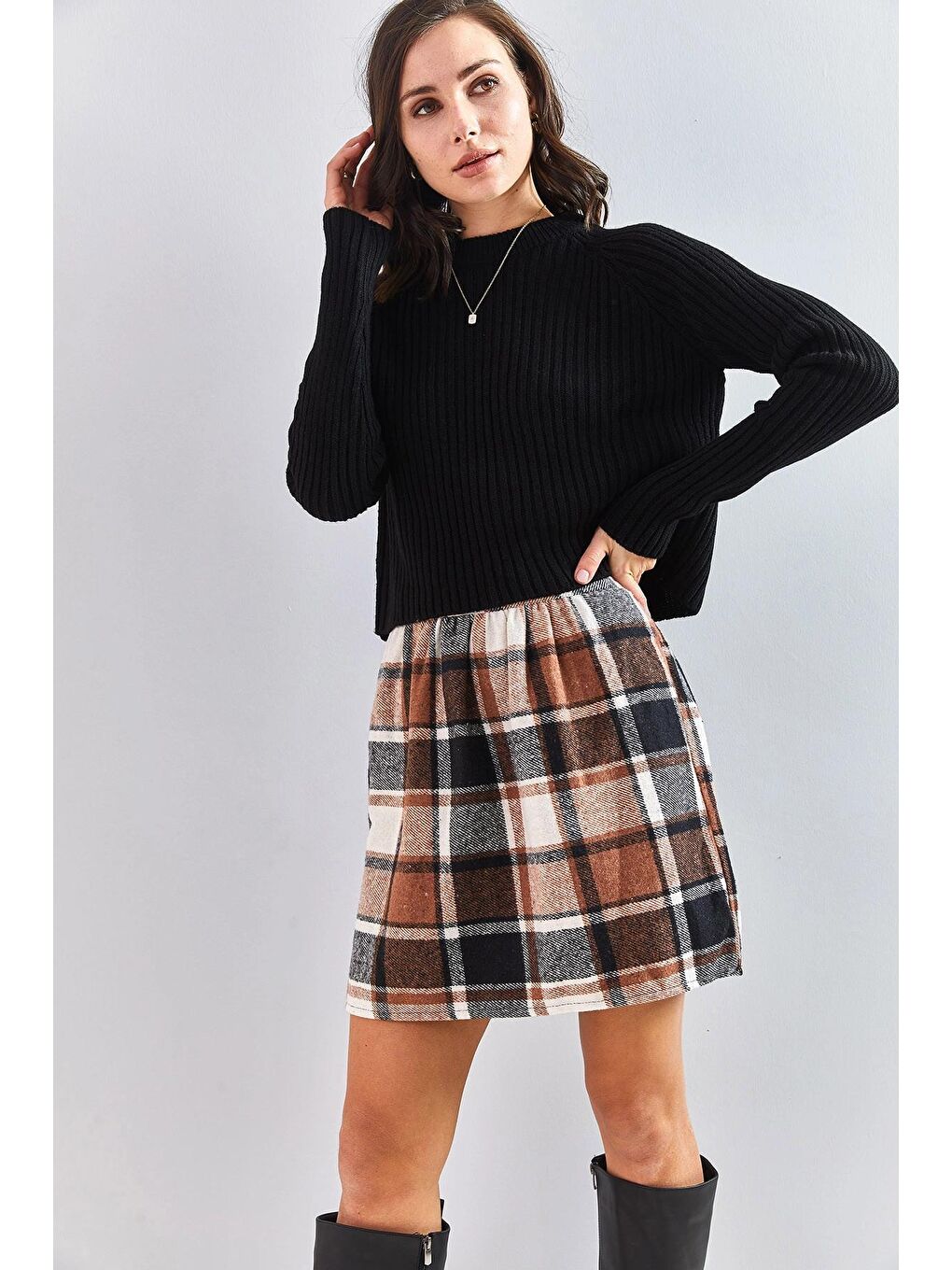 Kahverengi Kadın Beli Lastikli Ekose Desen Etek-3