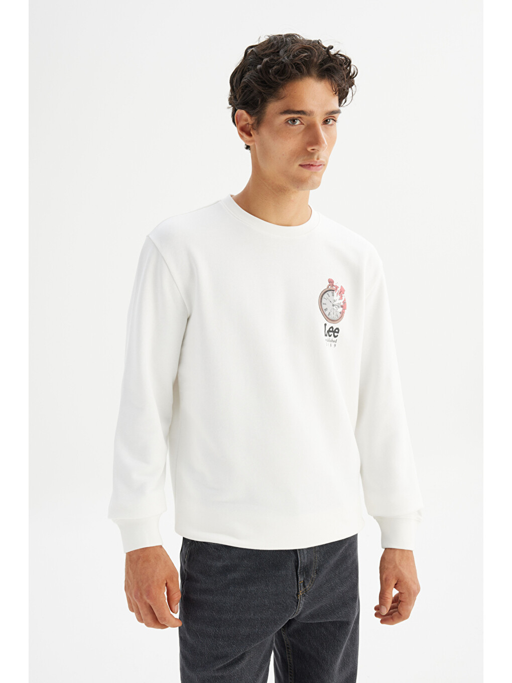 Regular Fit Normal Kesim Bisiklet Yaka Baskılı Kırık Beyaz Sweatshirt-2