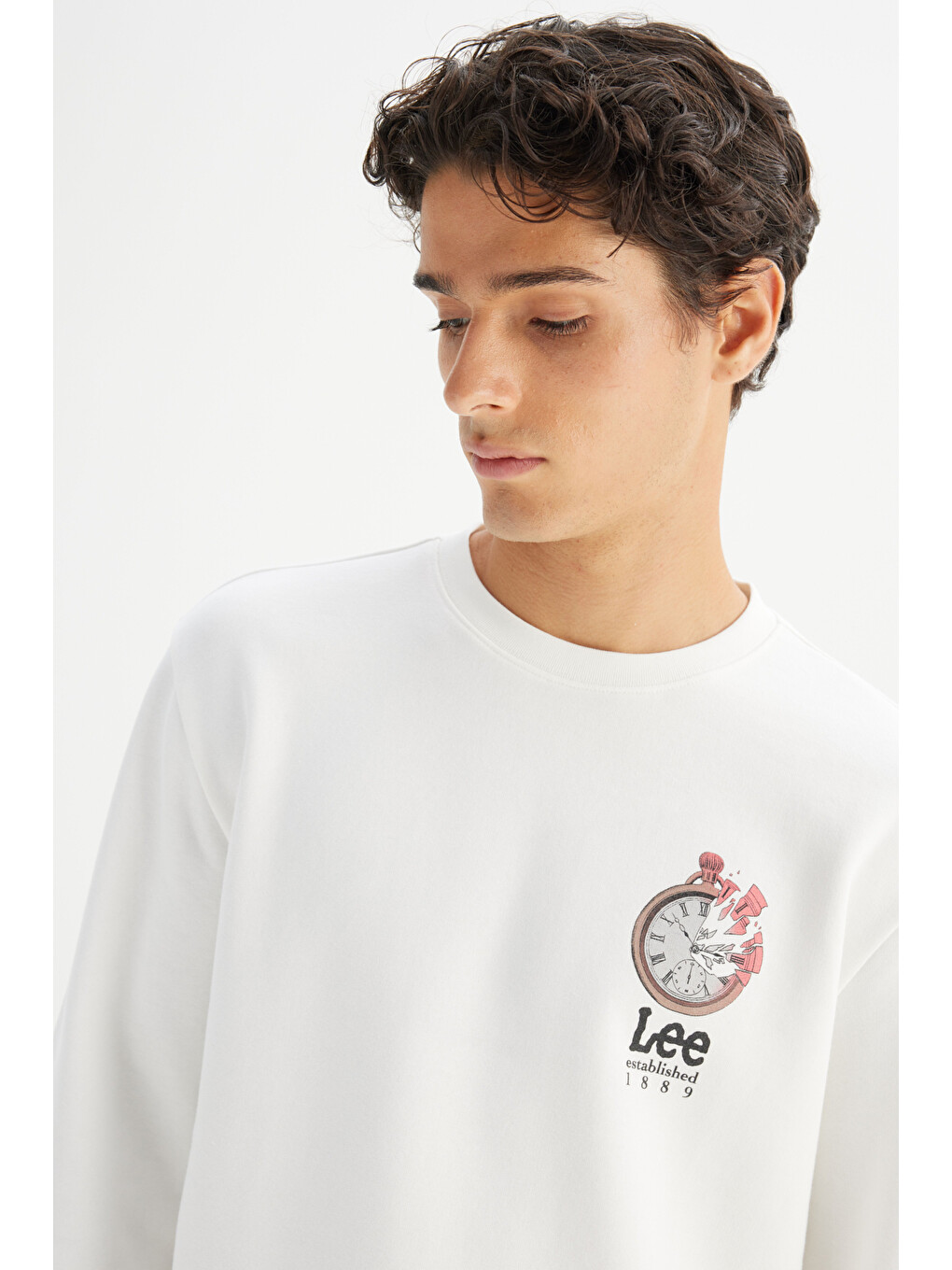 Regular Fit Normal Kesim Bisiklet Yaka Baskılı Kırık Beyaz Sweatshirt-3