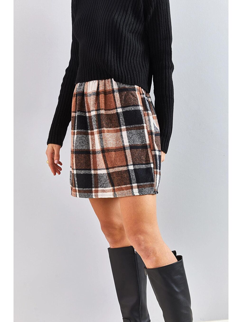 Kahverengi Kadın Beli Lastikli Ekose Desen Etek-4