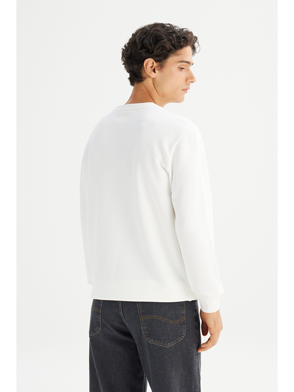 Regular Fit Normal Kesim Bisiklet Yaka Baskılı Kırık Beyaz Sweatshirt-4