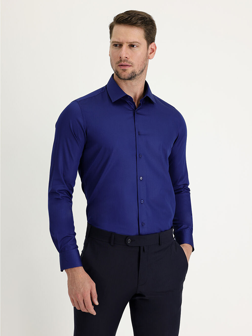 Lacivert Uzun Kol Slim Fit Dar Kesim Non Iron Saten Pamuklu Gömlek-3