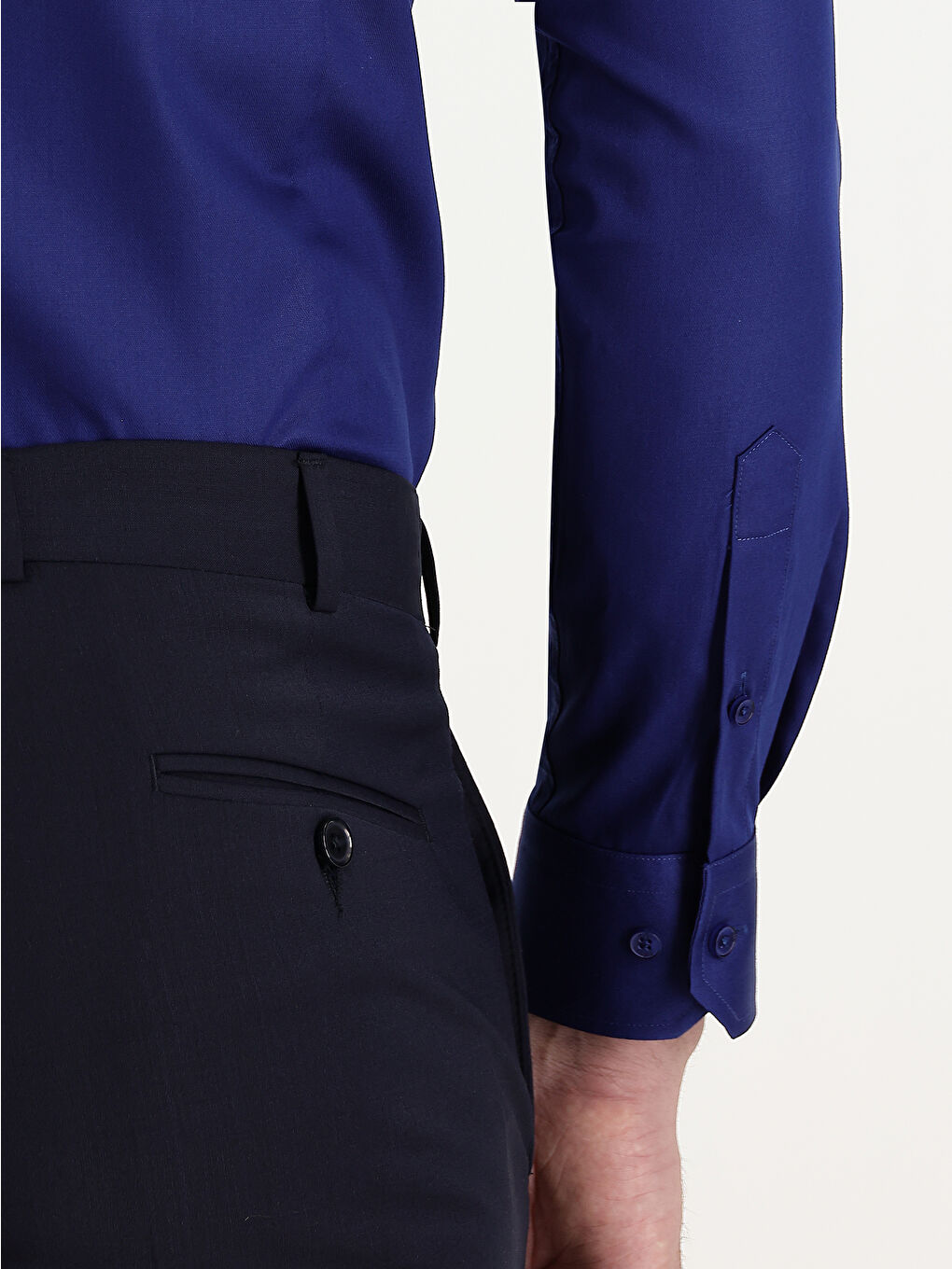 Lacivert Uzun Kol Slim Fit Dar Kesim Non Iron Saten Pamuklu Gömlek-4