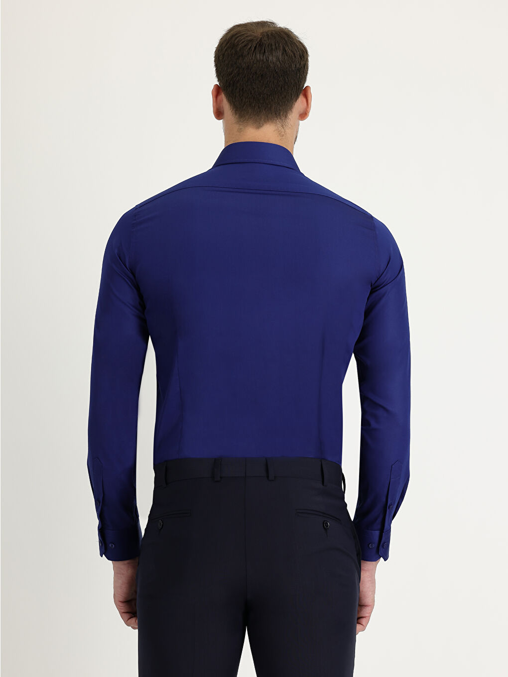 Lacivert Uzun Kol Slim Fit Dar Kesim Non Iron Saten Pamuklu Gömlek-5