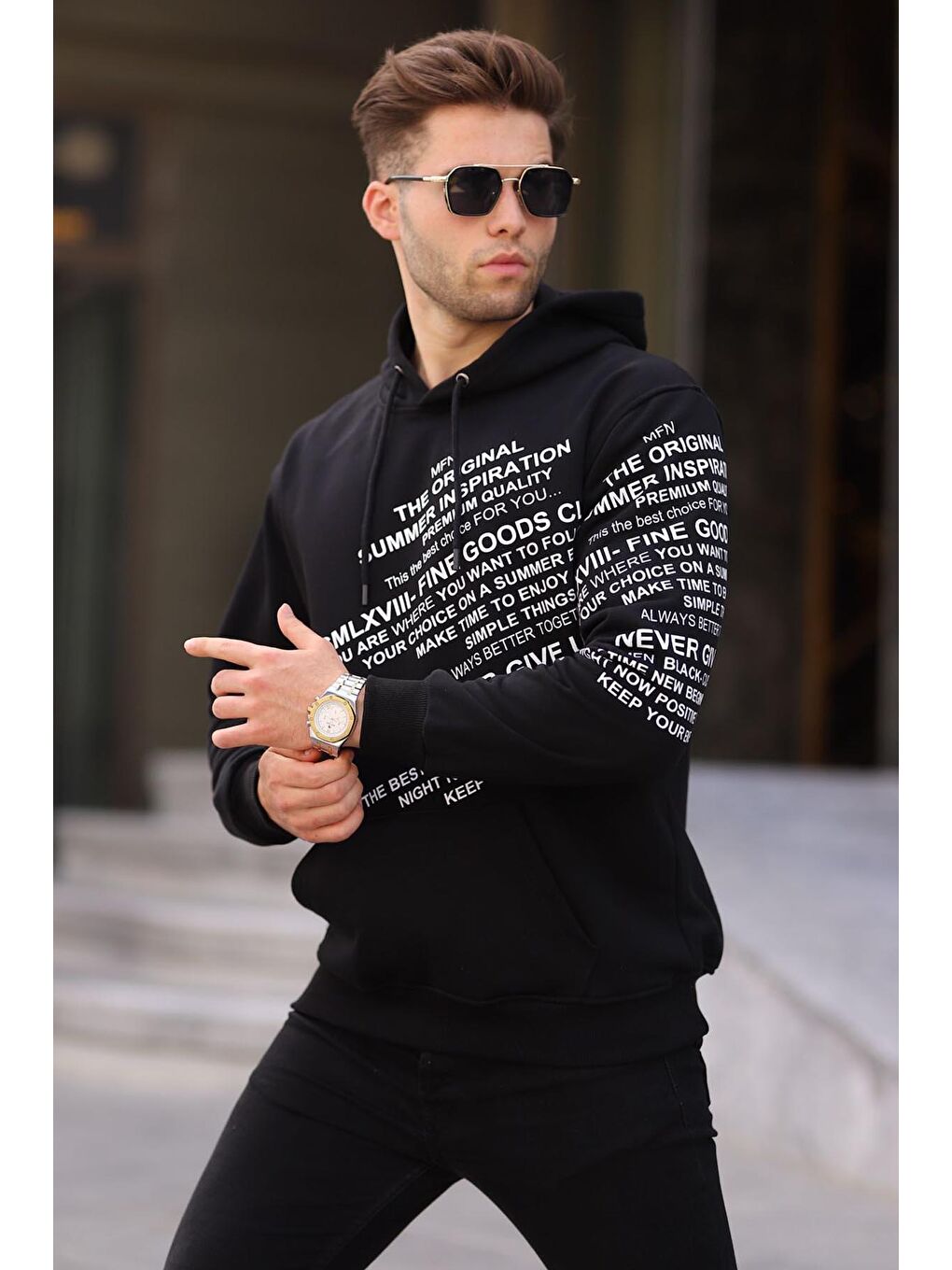Madmext Siyah Baskılı Kapüşonlu Erkek Hoodie 6009