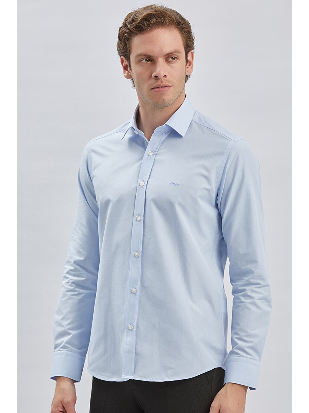 Koyu Mavi Uzun Kollu Bez Ayağı Sert Yaka Cepsiz Pamuklu Klasik Slim Fit Dar Kesim Gömlek 1004240230-1