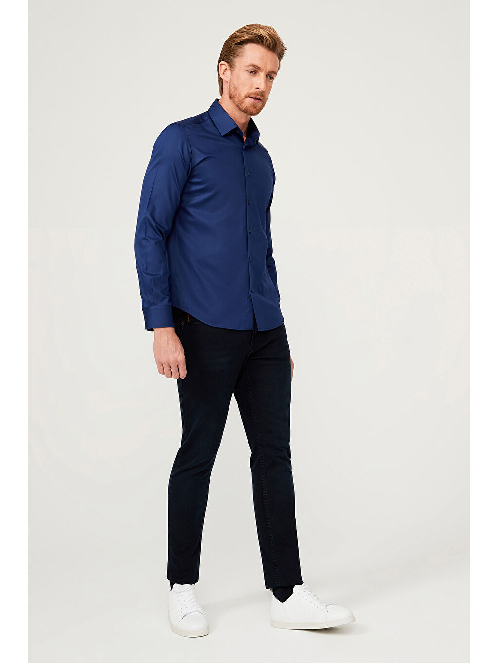 Lacivert Uzun Kol Slim Fit Dar Kesim Non Iron Saten Pamuklu Gömlek-6