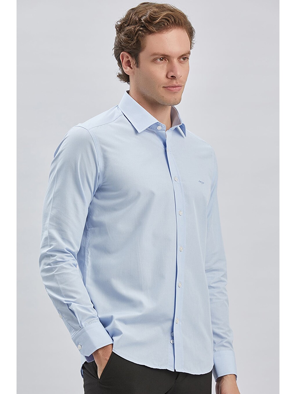 Koyu Mavi Uzun Kollu Bez Ayağı Sert Yaka Cepsiz Pamuklu Klasik Slim Fit Dar Kesim Gömlek 1004240230-2