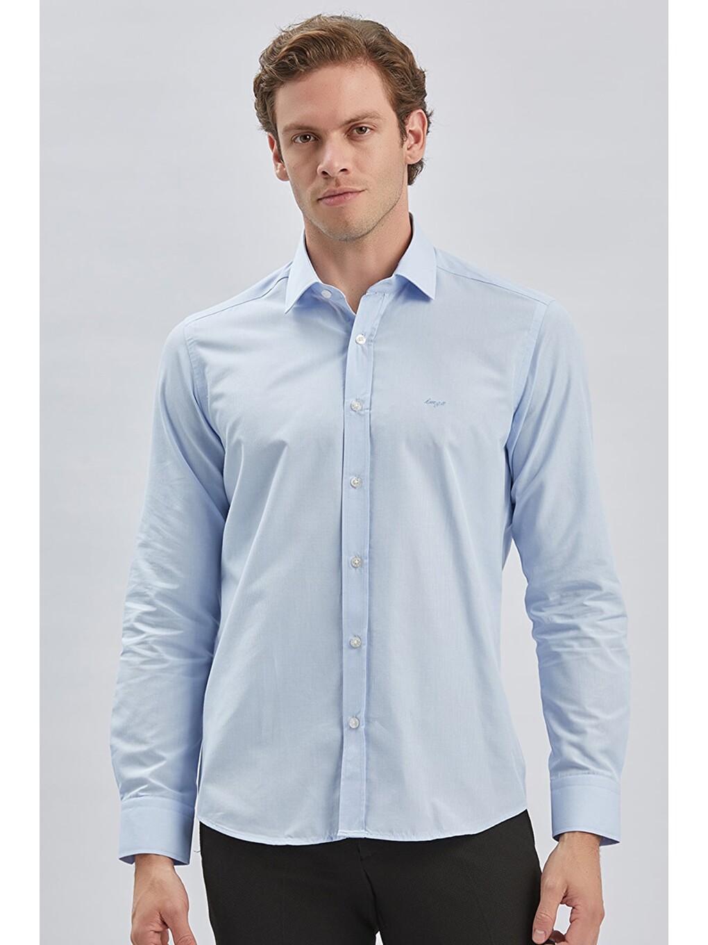 Koyu Mavi Uzun Kollu Bez Ayağı Sert Yaka Cepsiz Pamuklu Klasik Slim Fit Dar Kesim Gömlek 1004240230-3