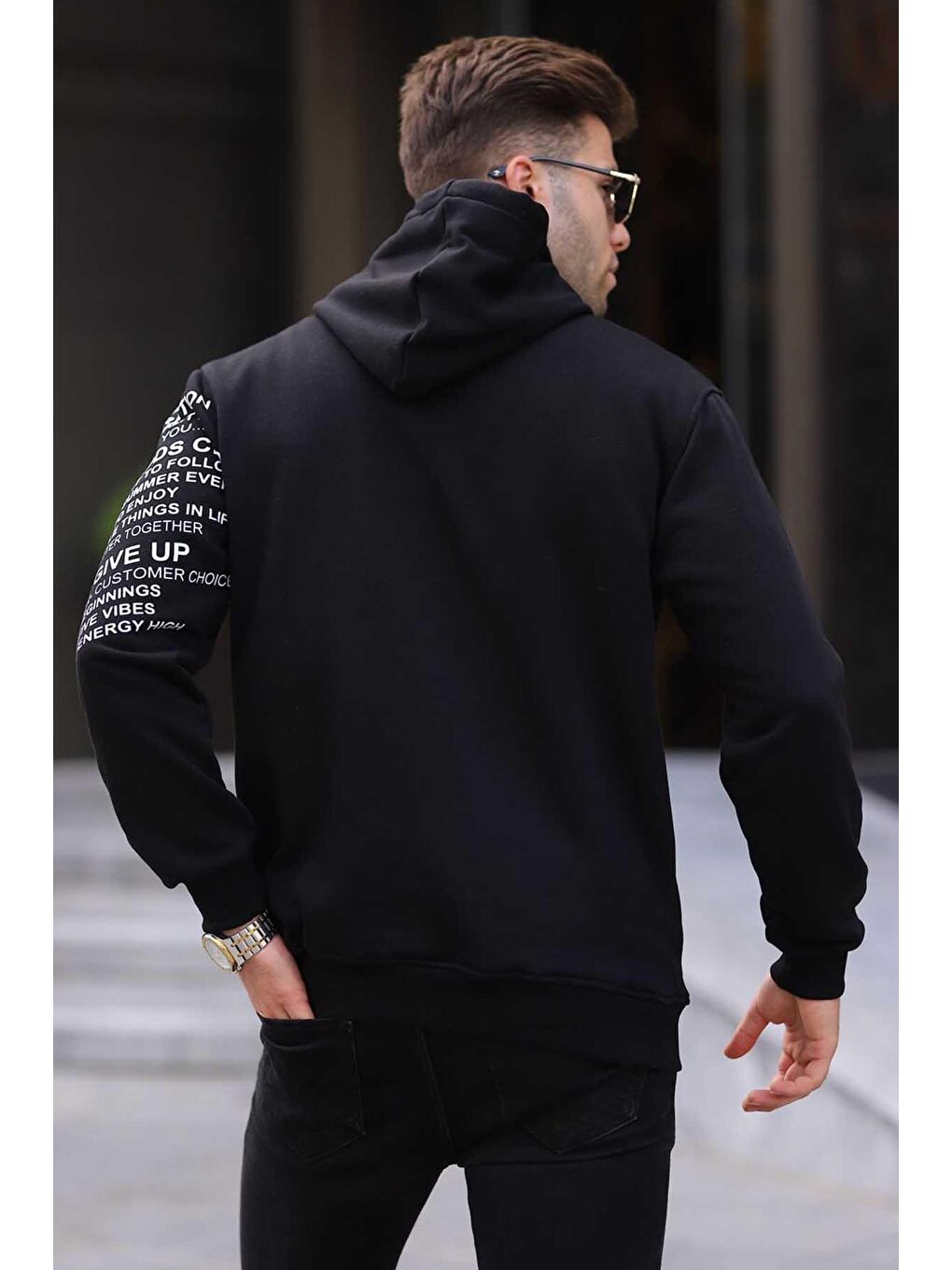 Madmext Siyah Baskılı Kapüşonlu Erkek Hoodie 6009 - 1