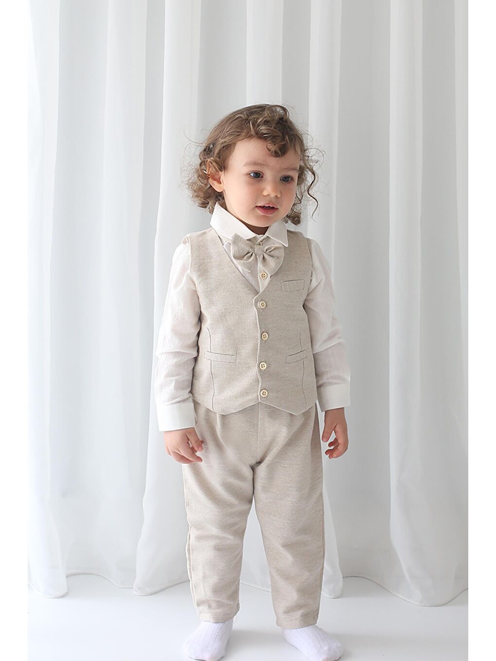 Catz Kids Bej Erkek Çocuk Takım - Krem Keten Yelekli 4'lü Set ( %100 Pamuk ) - 1