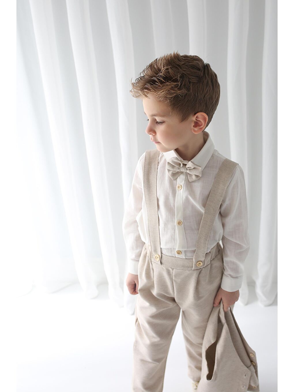 Catz Kids Bej Erkek Çocuk Takım - Krem Keten Yelekli 4'lü Set ( %100 Pamuk ) - 3