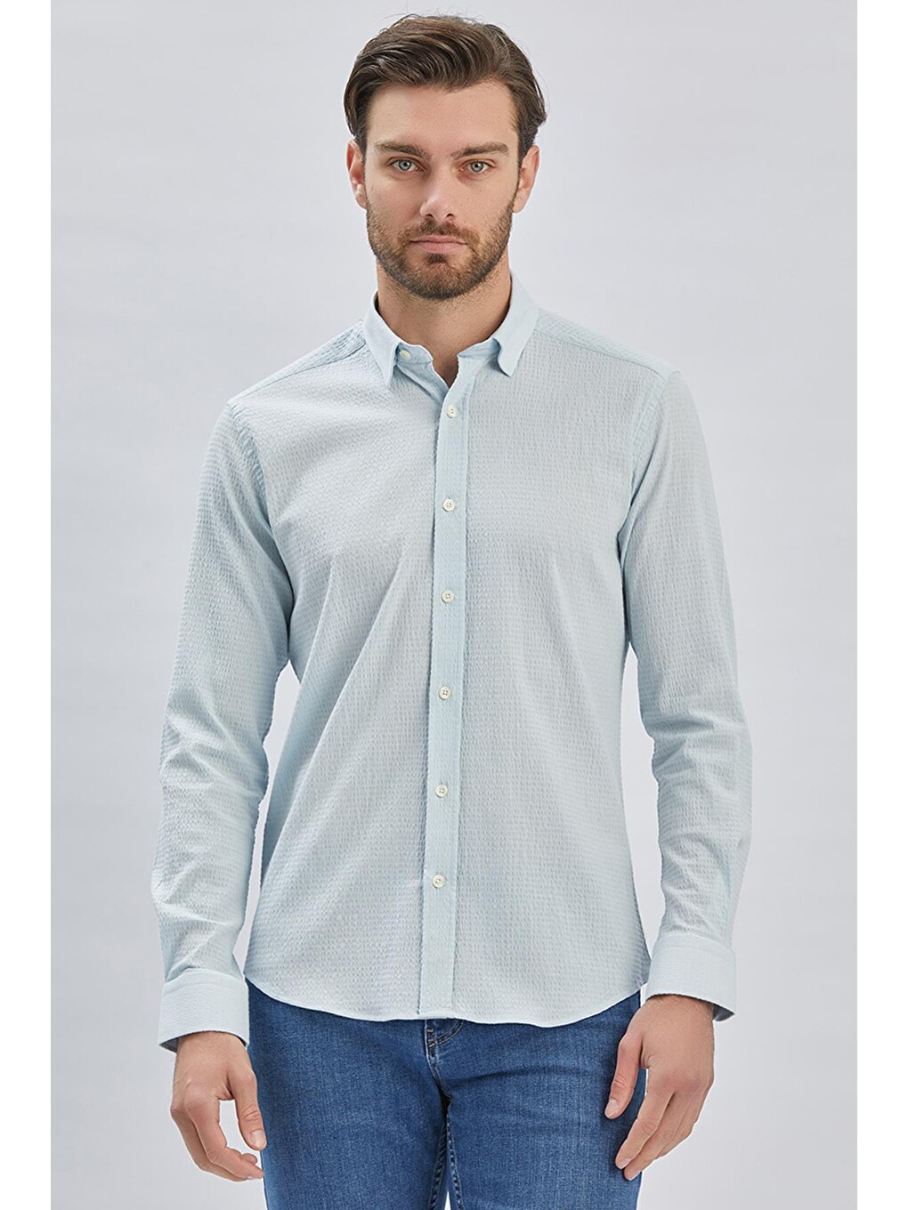Koyu Mavi Uzun Kollu Biritli Yaka Biyeli Pamuklu Elastanlı Casual Slim Fit Gömlek 1004240232-3