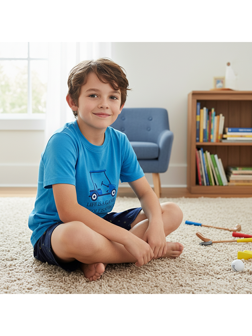 Mavi Erkek Kısa Kollu Pamuklu Şortlu Pijama Takım Bb2468-2