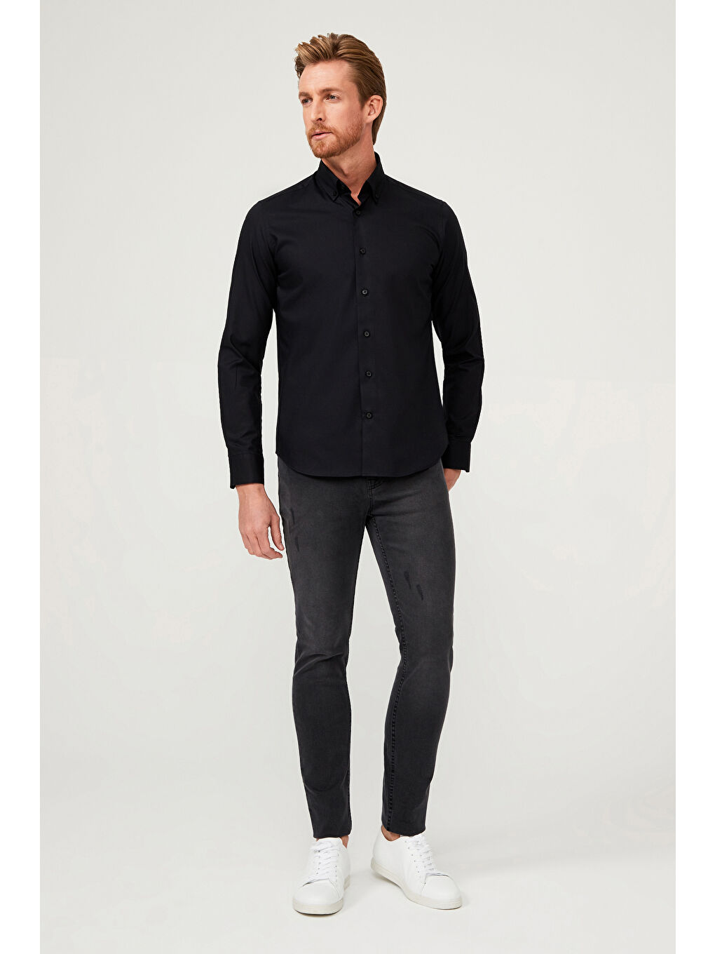 Siyah Uzun Kol Slim Fit Dar Kesim Pamuk Gömlek-3