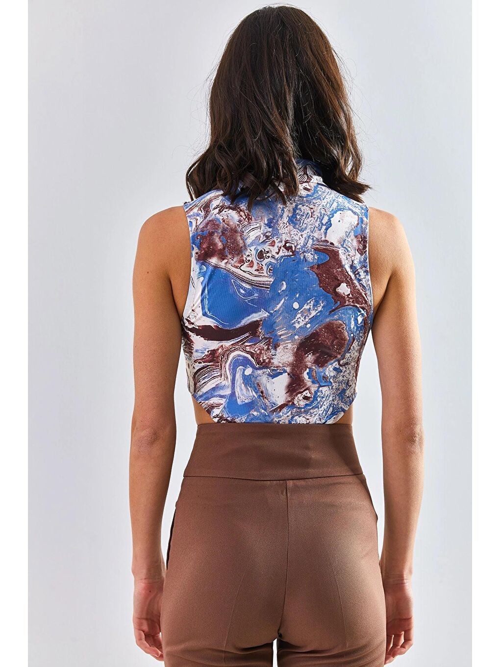 Turkuaz Kadın Yarım Balıkçı Yaka Fermuarlı Desenli Bluz-3