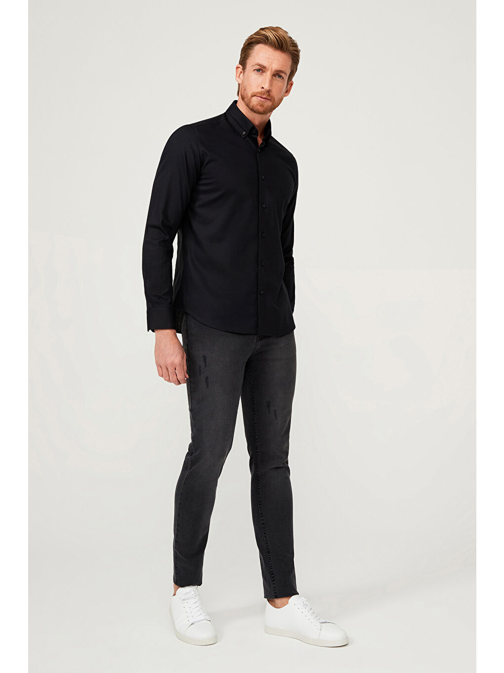 Siyah Uzun Kol Slim Fit Dar Kesim Pamuk Gömlek-5