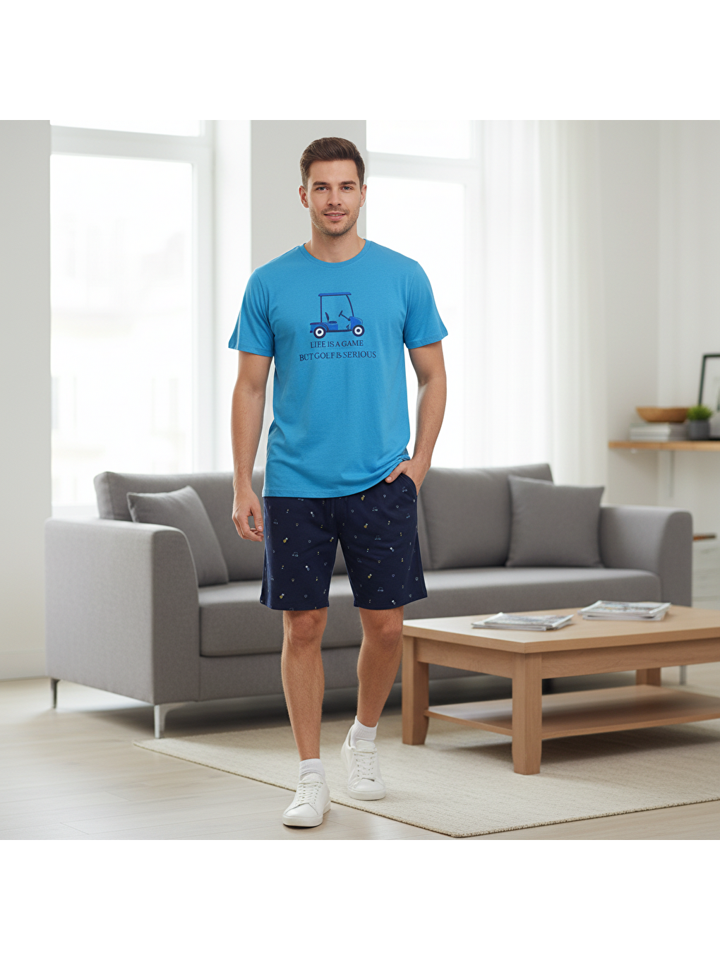 Mavi Erkek Kısa Kollu Pamuklu Şortlu Pijama Takım Bb2468-11