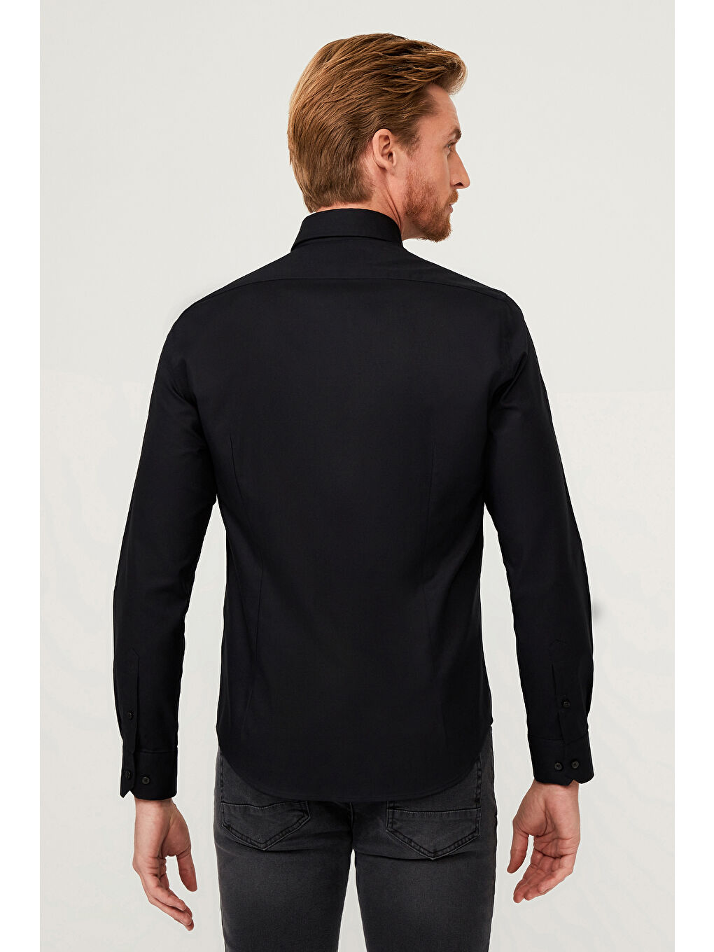 Siyah Uzun Kol Slim Fit Dar Kesim Pamuk Gömlek-6