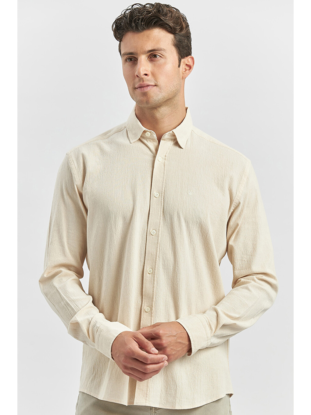 Bej Uzun Kollu Gofreli Biyeli %100 Pamuk Casual Slim Fit Dar Kesim Gömlek 1004240247-1