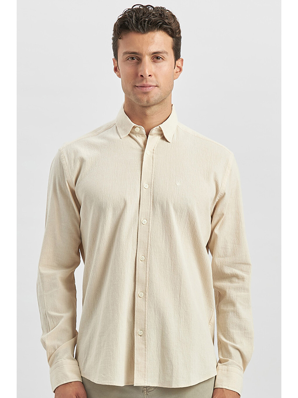 Bej Uzun Kollu Gofreli Biyeli %100 Pamuk Casual Slim Fit Dar Kesim Gömlek 1004240247-3